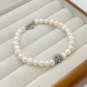 Tory Burch White Natural Pearl Bracelet with Silver Charm